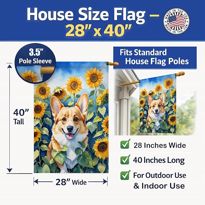 Caroline's Treasures DAC6062CHF Corgi in Sunflowers House Flag Large Porch Sleeve Pole Decorative Outside Yard Banner Artwork Wall Hanging, Polyester, House Size, Multicolor