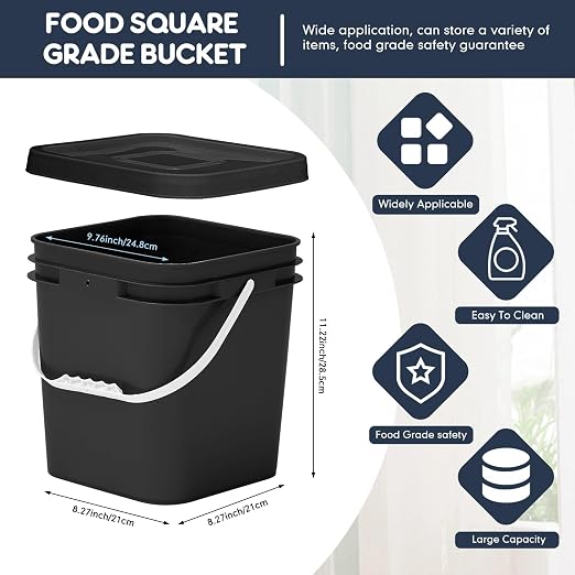 Mumufy 8 Pcs 3.5 Gallon Square Food Grade Bucket with Lid Square Bucket Pail Plastic Handles for Long Term Food Storage, Camping, Fishing, Home Organization Easy Stack and Store (Black)