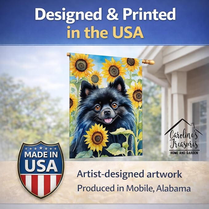 Caroline's Treasures DAC6135CHF Pomeranian in Sunflowers House Flag Large Porch Sleeve Pole Decorative Outside Yard Banner Artwork Wall Hanging, Polyester, House Size, Multicolor