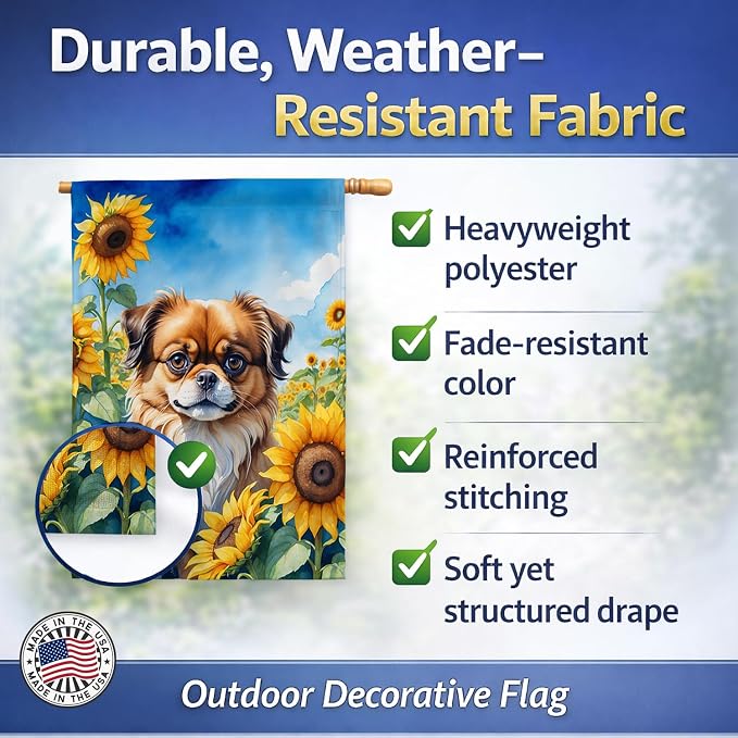 Caroline's Treasures DAC6167CHF Tibetan Spaniel in Sunflowers House Flag Large Porch Sleeve Pole Decorative Outside Yard Banner Artwork Wall Hanging, Polyester, House Size, Multicolor