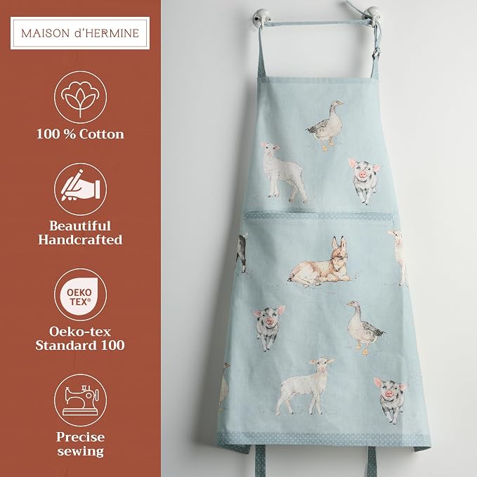 Maison d' Hermine Aprons for women with Pocket 100% Cotton (27.50"x31.50") | Adjustable Neck Strap & long ties Apron Men Chef Wedding Cooking Gardening Server Maid