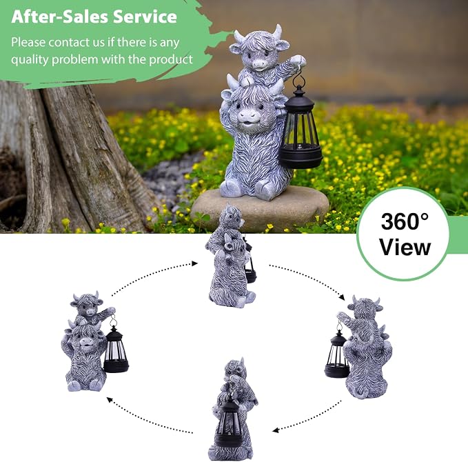 Highland Cow with Solar Lantern Garden Statue | 9.5 inch size, durable resin material, warm LED glow, unique gift for women & moms, perfect patio decor