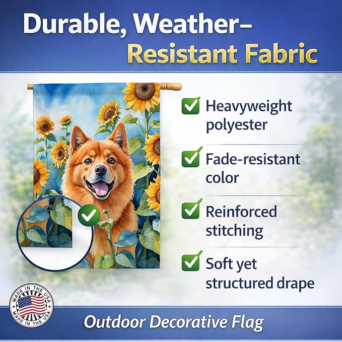 Caroline's Treasures DAC6077CHF Finnish Spitz in Sunflowers House Flag Large Porch Sleeve Pole Decorative Outside Yard Banner Artwork Wall Hanging, Polyester, House Size, Multicolor