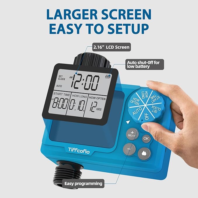 TiFFCOFiO Sprinkler Timer Outdoor, Digital Programmable for Garden Hose, Irrigrtion Timer with Rain Delay and Manual Mode (1 Pack)