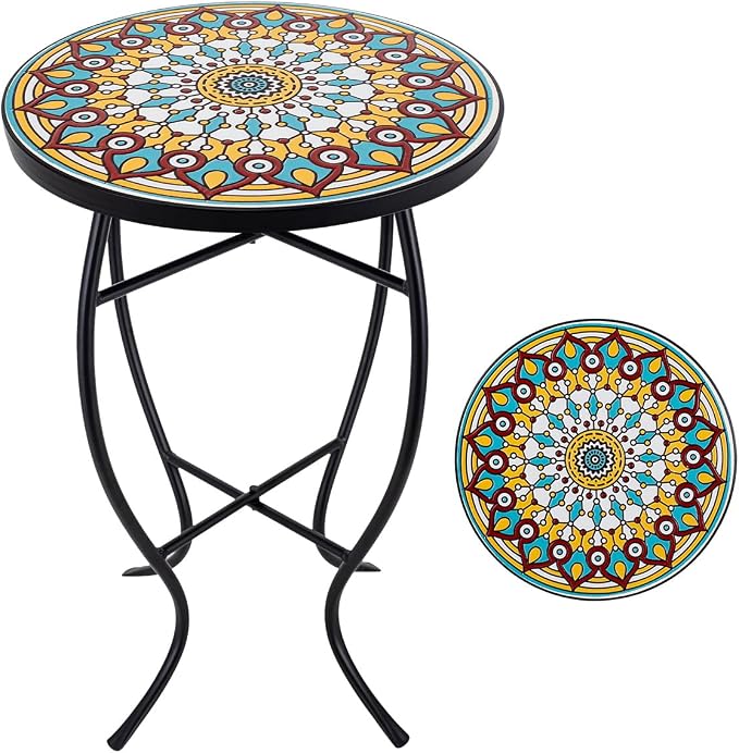 Mosaic Outdoor Side Table Small Round Patio Table Plant Stand | 21" Accent End Table with 14" Ceramic Tile Top for Small Spaces Porch Pool Garden Decor Indoor Living Room Bedroom Balcony