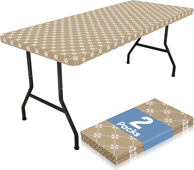 misaya 2 Pack Rectangle Vinyl Table Cloth, Elastic Fitted Tablecloth with Flannel Backing, Waterproof Plastic Table Cover Fits 6 Foot Folding Tables for Picnic, Camping and Outdoor (Khaki, 30" x 72")