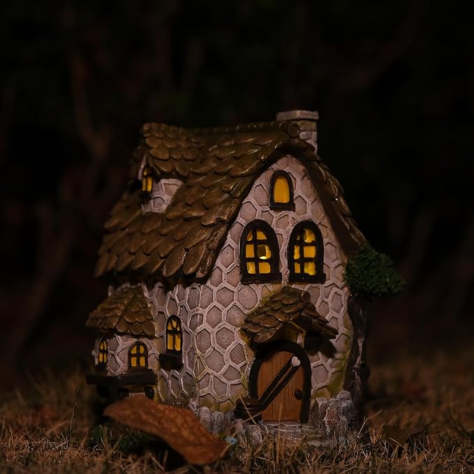 Solar Garden House Statues Outdoor Yard Resin Decoration Gift Handmade Housewarming Gift for Patio Yard Lawn Waterproof Cracking