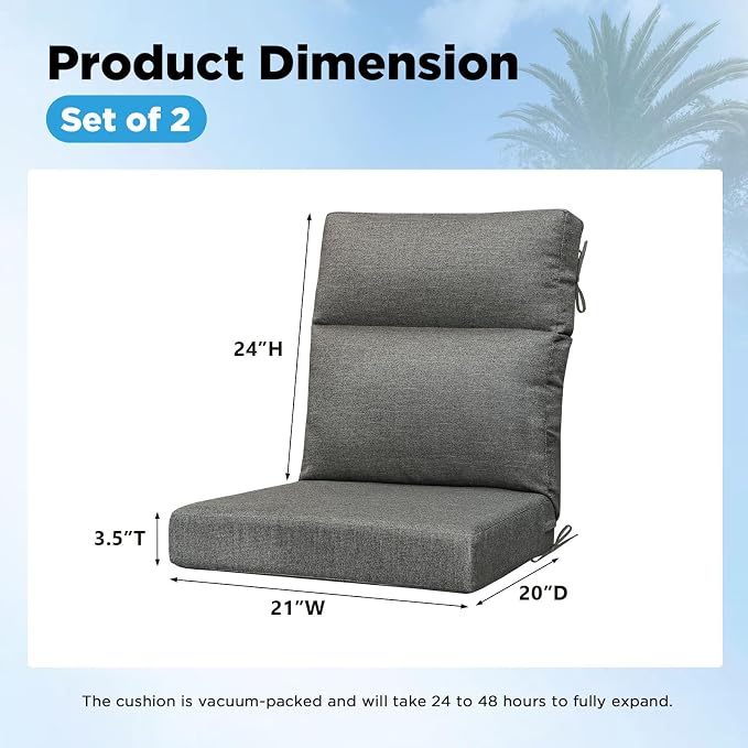 Sunbrella Outdoor Patio Chair Cushions 44x21x3.5 inch, Set of 2 Thicken Comfy Cushions for Rocker Non Slip Fade Shield Water Repellent High Back with Ties, Demo Graphite