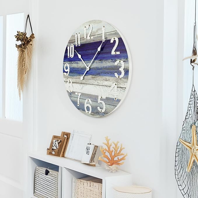 24 Inch Large Beach Blue Wall Clock, Silent Non-Ticking Battery Operated Wall Clock, Rustic Vintage Beach Coastal Wall Decor, Farmhouse Wall Clocks for Living Room, Kitchen, Bedroom