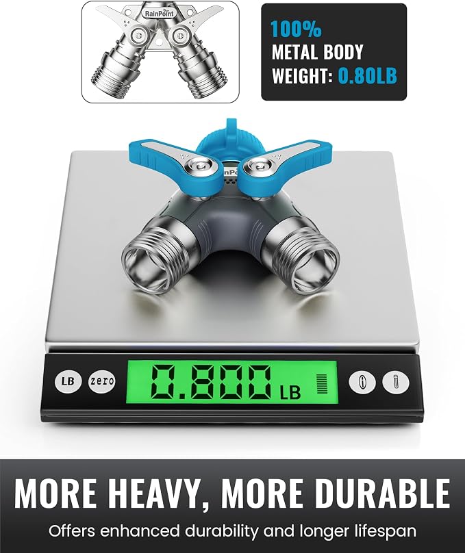RAINPOINT Garden Hose Splitter, 2 Way Heavy Duty Water Hose Y Spigot Splitter with Shutoff Valves, 100% Metal Body Outdoor Faucet Splitter, 1.9" Extra Long Metal Handle, 3/4" GHT Thread (2, Green)