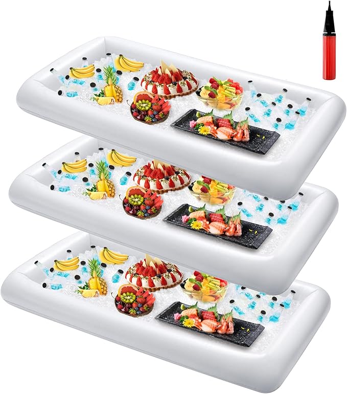 HBlife 3 PCS Inflatable Cooler, Ice Serving Tray Salad Bar Food Drink Containers with Drain Plug and Hand Air Pump, Inflatable Buffet Cooler for Party Supplies