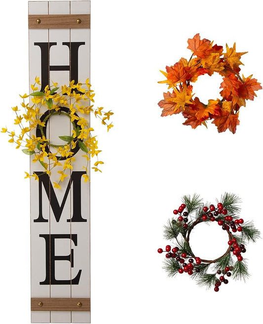 Glitzhome 42”H Wooden Welcome Home Porch Sign with Interchangeable Wreaths for Front Door Vertical Farmhouse Standing Home Sign Hanging Wall Sign for Year Spring Fall Thanksgiving Christmas