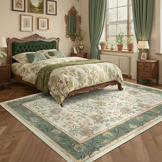 GarveeHome 10x13 Large Living Room Rug Sage Green Washable Area Rug Soft | Non Slip Floor Mat Carpet Indoor Botanical Floral Rug for Bedroom Dining Room Playroom Nursery Home Decor