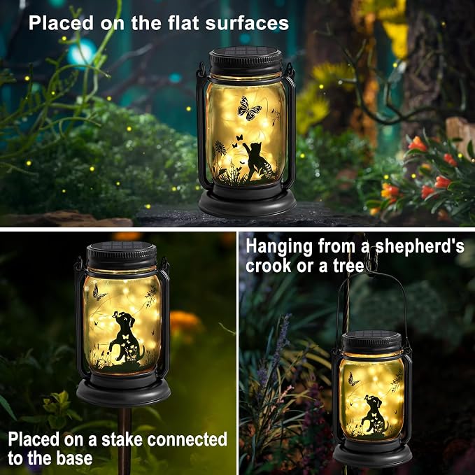 YJFWAL Solar Cat & Butterfly Lanterns Outdoor Waterproof - Cat Lover Gifts for Women Mom Grandmom Birthday Mothers Day, LED Hanging Mason Jar Fairy Lights for Garden Yard Patio Decor