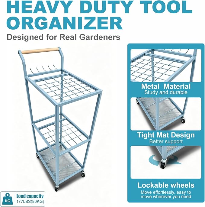Garden Tool Organizer with Wheels 3 Tier Yard Tool Organizer Rack with Side Storage Pockets Sturdy Metal Steel Holder with 6 Hooks for Garage, Yard, Patio, Shed