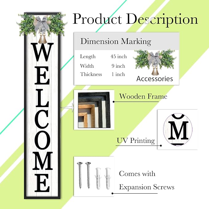 Welcome Sign for Front Porch Standing 45"X9" Large Vertical Farmhouse Outside Front Door Sign Leaner Tall Vintage Outdoor Wreath Patio Garden Wood Framed Decorations (Black)