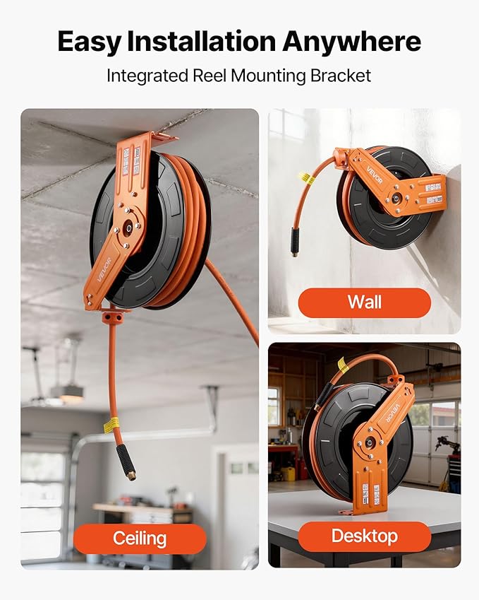 VEVOR Retractable Air Hose Reel, 1/2 Inch x 65 FT Rubber Air Hose Max 300PSI, Auto Rewind Air-Compressor Hoses Reel with 5 ft Lead in, Ceiling/Wall Mount for Garage Workshops