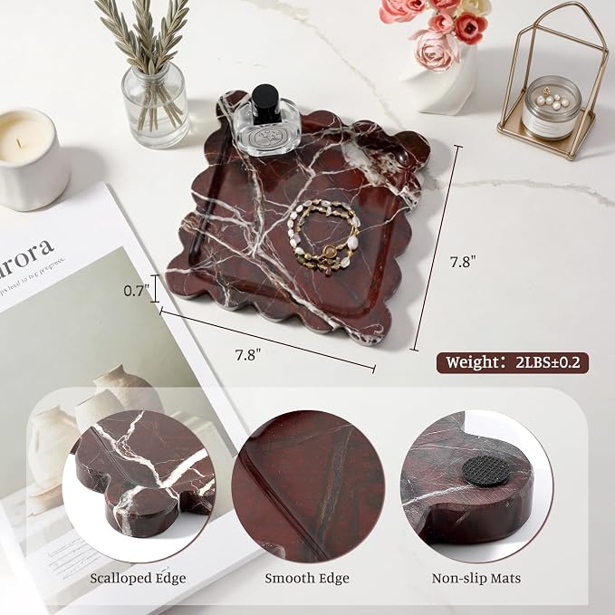 Karibiber Natural Marble Tray, 8in Red Small Scalloped Tray, Decorative Trinket Dish, Premium Square Bathroom Vanity Tray for Earrings Rings Necklaces, Unique Stone Jewelry Dish Gift