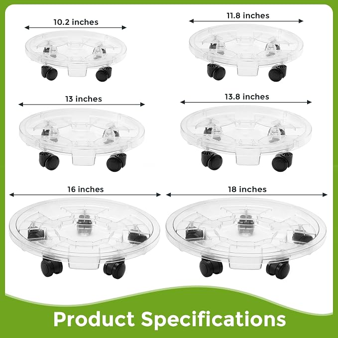4 Packs 18 inches Extra-large Clear Plant Caddy Plant Saucers on Wheels Rolling Plant Stands Heavy-duty Plant Dolly Plastic Planter Roller Base Pot Movers Outdoor Plant Tray Coaster