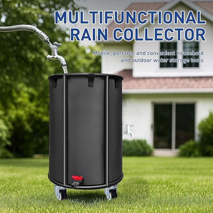 Outdoor Rainwater Collector, Mobile Portable, 30 Gallon, Black - Rainwater Collection Storage Container with Faucet, Mobile Frame, Strainer and Side Faucet