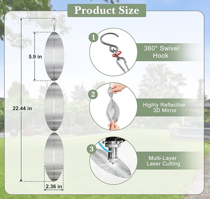 CHONOVO 12 Discs 4 Pcs Bird Deterrents for Outside, Bird Repellent Devices | 3D Reflective Stainless Steel Wind Spinner, 360° Rotating for Patio, Yard, Garden & Orchard, Helps Deter Pigeon& Sparrow