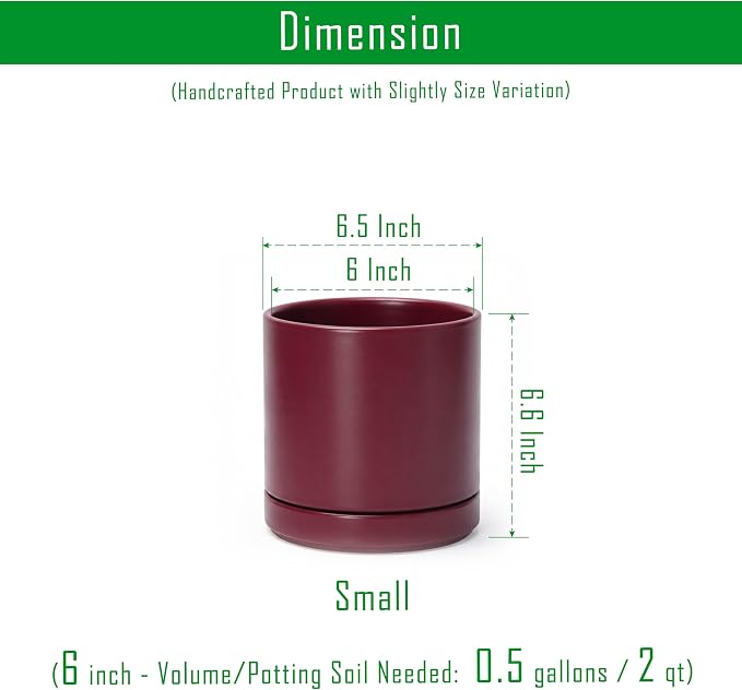 D'vine Dev 6 Inch Ceramic Planter Pot with Drainage Hole and Saucer, Indoor Cylinder Round Planter Pot, Cordovan, 94-O-C-4
