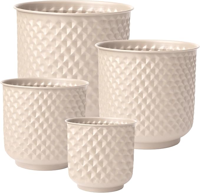 Bloem Prism Indoor Metal Cachepot Set - Includes 6", 8", 10" and 12" Decorative Planters with Powder-Coated Finish, Removable Drain Plugs, Cream