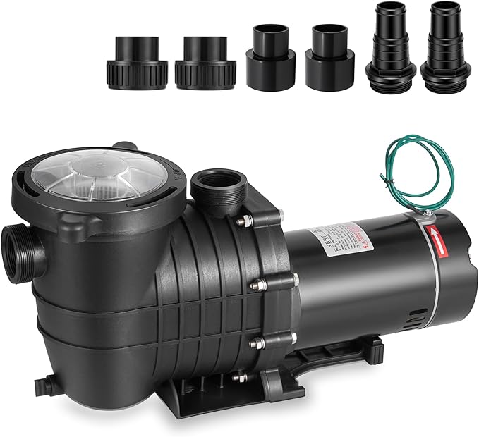 Leomru 1.5 HP Pool Pump 6500 GPH Self Priming in/Above Ground Swimming Pool Pump 110V/220V Dual Voltage Single Speed Pumps with Strainer Basket 6Pcs Connectors