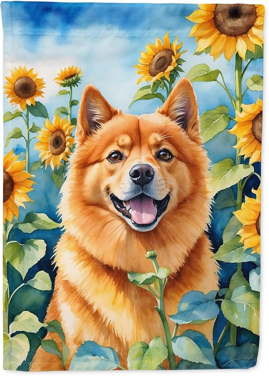 Caroline's Treasures DAC6077CHF Finnish Spitz in Sunflowers House Flag Large Porch Sleeve Pole Decorative Outside Yard Banner Artwork Wall Hanging, Polyester, House Size, Multicolor