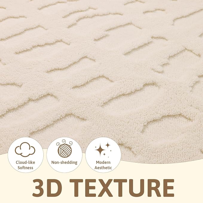 Yamaziot Washable 3x5 Area Rugs for Living Room Textured Non Slip Rug Beige | Modern High-Low Geometric Pattern, Soft Fluffy, Neutral, Minimalist Floor Carpet for Bedroom Nursery Kids Room Entryway