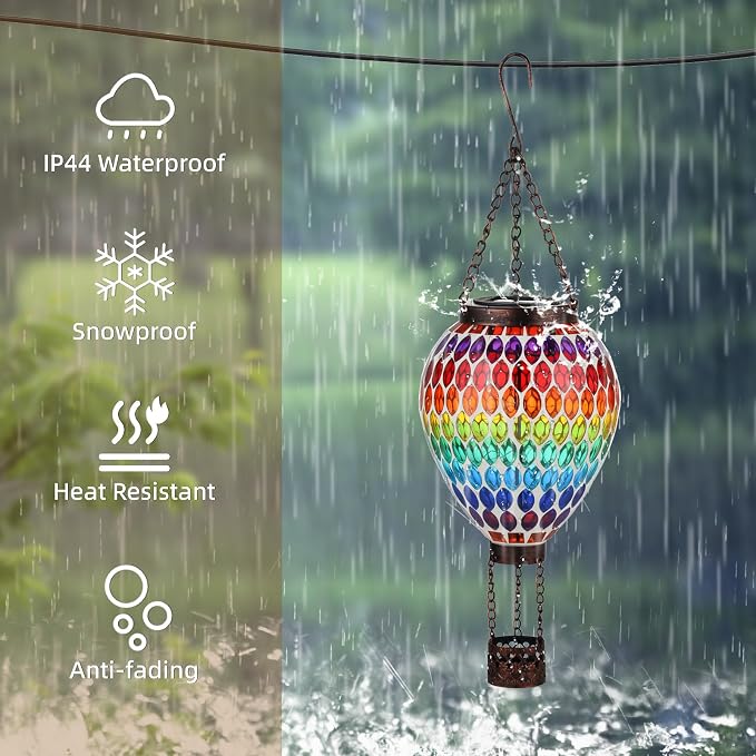 VOREEN Hot Air Balloon Solar Lantern, Handmade Mosaic Solar Outdoor Hanging Wind Light, Waterproof, Patio Festive Decor, Gift for Mom Wife Friend, Rainbow Pattern
