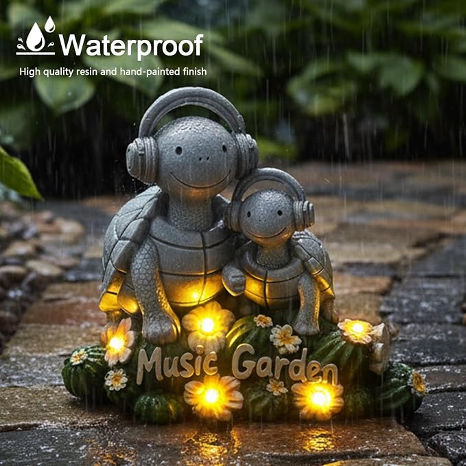 Solar Garden Turtle Statue 5.9"with Headphones,Solar Statue with 5 LED Lights,Anti-Fade Stone Texture Turtle Gifts for Women Men Mom Dad,Unique Resin Lawn Ornaments for Patio Yard Lawn Balcony