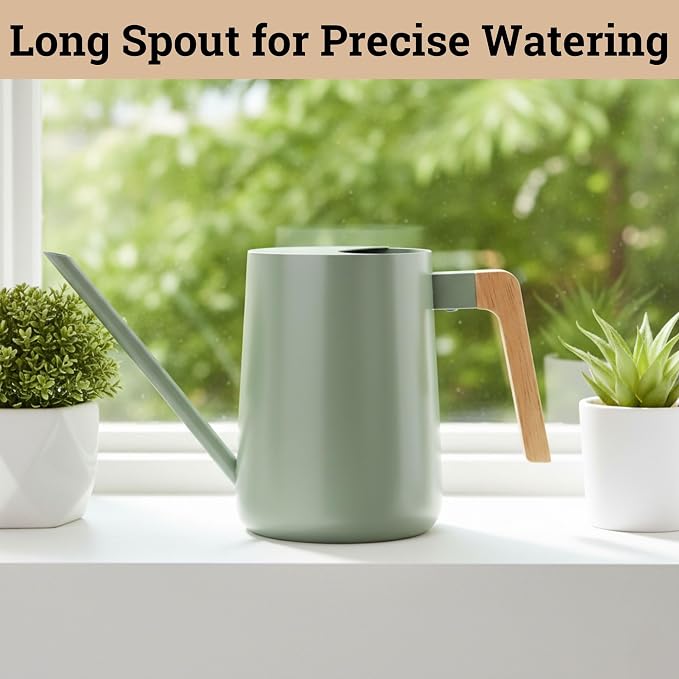 35 Ounce Metal Small Indoor Watering Can with Long Spout & Real Wood Handle for House Plants, Succulents, Cacti & Seedlings - Sage Green Long Spout Watering Can Indoor Plants - Gentle Flow & No Spills