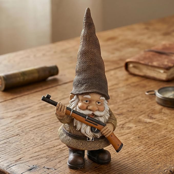 Elenon Garden Gnome Outdoor Statue, 10.6'' High Funny Dwarf with Gun Figurine Decor, Resin Sculpture for Patio Yard Lawn Porch Decoration Ornaments Gift