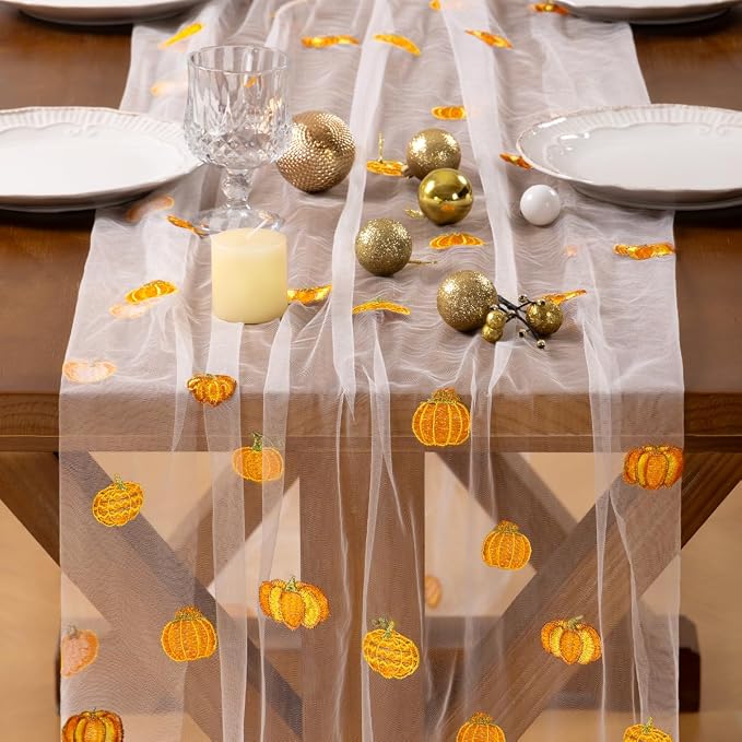 Socomi 3pcs Falll Thanksgiving Table Runner Pumpkin Leaf Tulle Gauze Cheesecloth Embroidery Sheer Table Runners for Wedding Party Baby Shower Birthday Holiday Picnic Home Decor