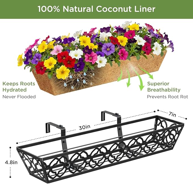 HFHOME 2 Pcs 30" Deck Railing Planter Box with Horse Trough Coco Liners, Black Window Box Metal Hanging Flower Planters Baskets for Indoor, Outdoor, Balcony, Porch, Fence, Patio, and Lawn