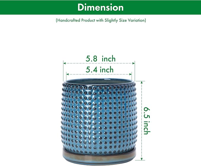 D'vine Dev 6 Inch Ceramic Beaded Stoneware Planter Pot - Flower Pot with Drainage Holes and Saucers for Indoor Succulent Plants or Flowers, Ocean Teal, 27-C-X-8