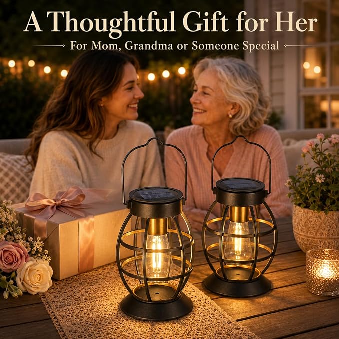 LeiDrail Solar Lanterns Outdoor 4 Pack, Hanging Waterproof Metal Lantern Dual LED Warm White, Auto On/Off Garden Patio Yard Porch Pathway Table Decor, Solar Powered Gift for Women