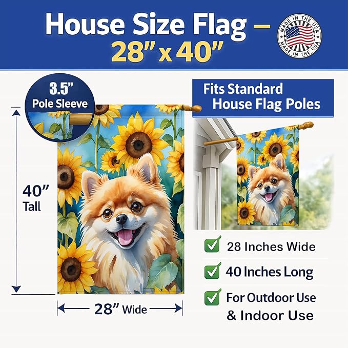 Caroline's Treasures DAC6136CHF Pomeranian in Sunflowers House Flag Large Porch Sleeve Pole Decorative Outside Yard Banner Artwork Wall Hanging, Polyester, House Size, Multicolor