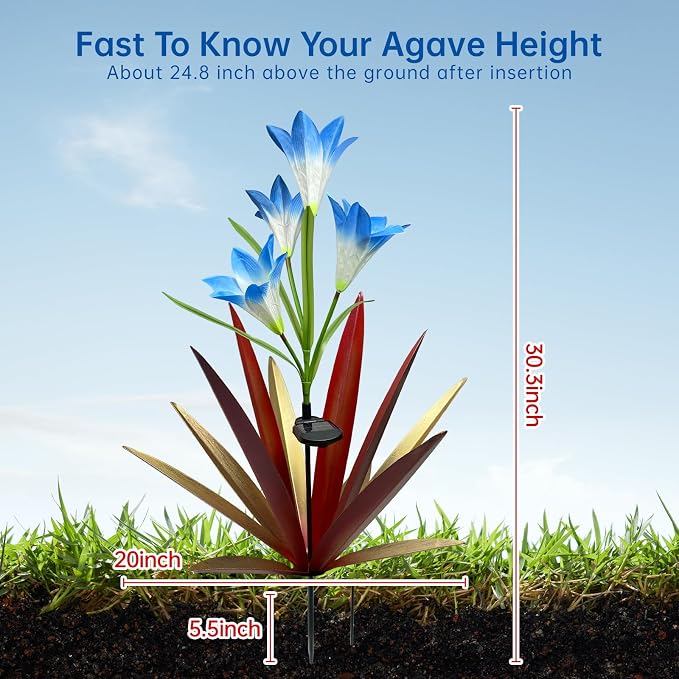 Homight Solar Metal Agave Lily Flower Garden Sculpture with LED Lights 30.3 Inch Waterproof Outdoor/Indoor Yard Decor Handmade Lawn Ornament Gift for Family Friends (3, Red)