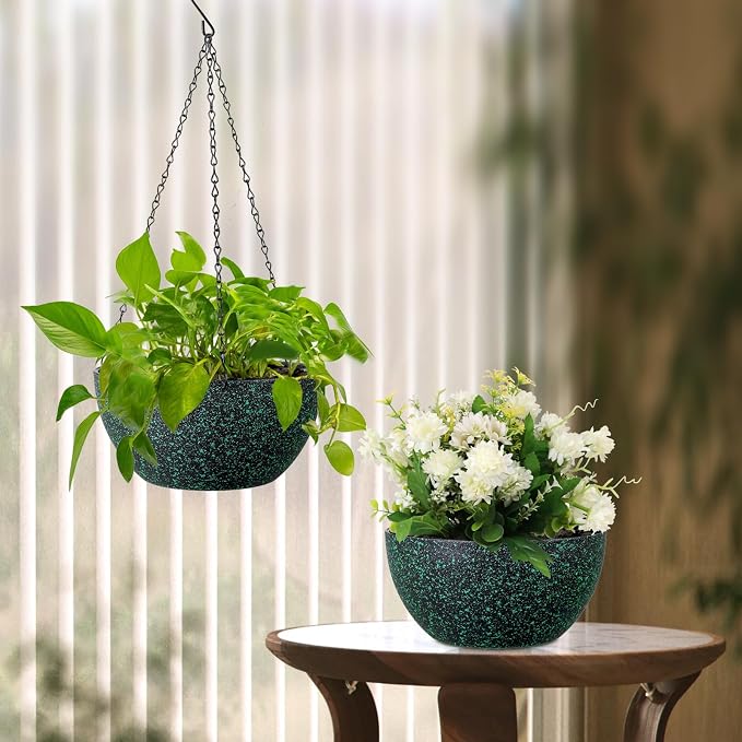 Meowell 10 inch Hanging Planters for Indoor Outdoor Plants, 2 Pack Hanging Flower Pots with Drainage Holes and Chain for Garden, Plastic Hanging Baskets for House Plants, Black with Green Speckles