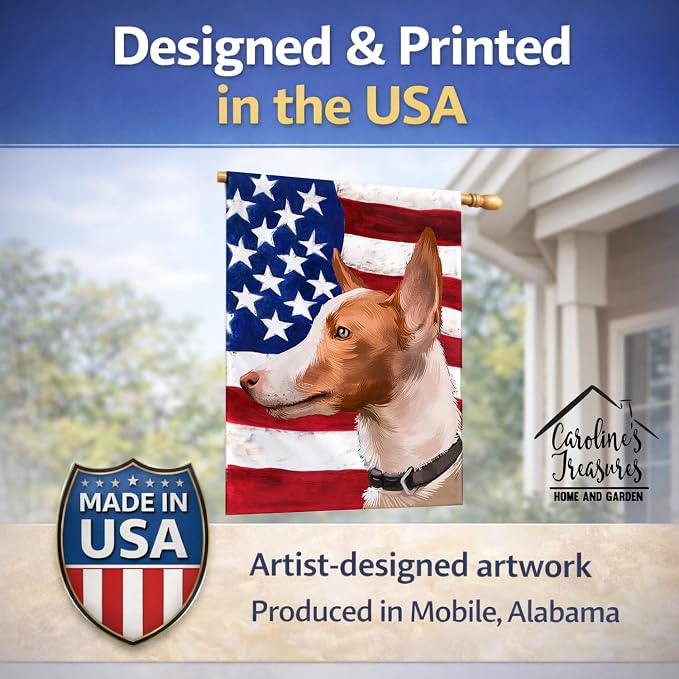 Caroline's Treasures CK6404CHF Andalusian Hound Dog American Flag House Flag Large Porch Sleeve Pole Decorative Outside Yard Banner Artwork Wall Hanging, Polyester, House Size, Multicolor