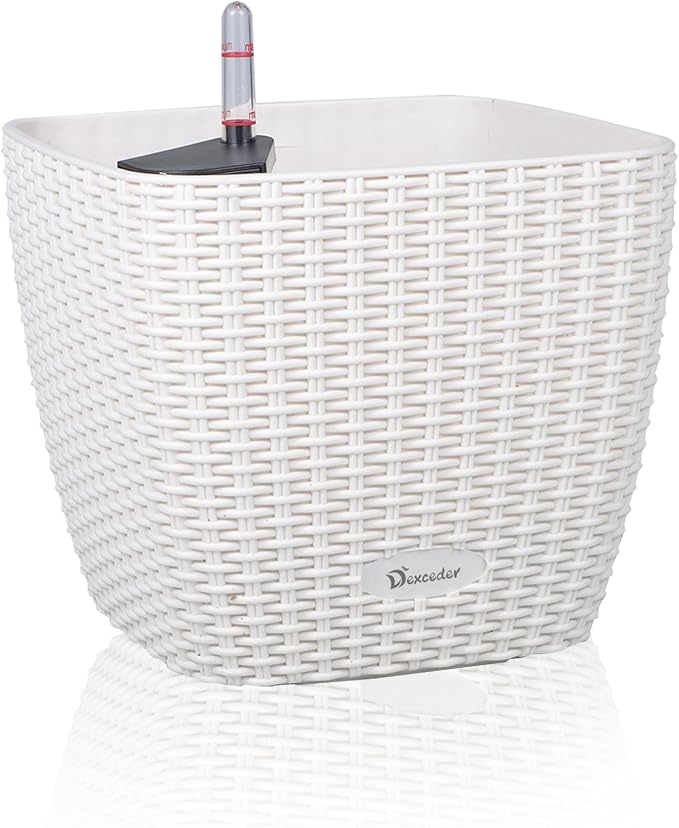 Dexceder 9x8 Self Watering Planter (Ivory White Rattan) | Inner Mat Design, Thickened Table Flower Plant Pot with Water Level Indicator Indoor Outdoor