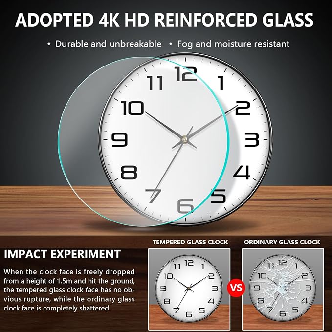 Modern Wall Clocks Battery Operated - 12 inch Silent Non Ticking Quartz Analog Clock with Large Easy Read Numbers, Tempered Glass Decorative Wall Clocks for Living Room Bedroom Kitchen Gym