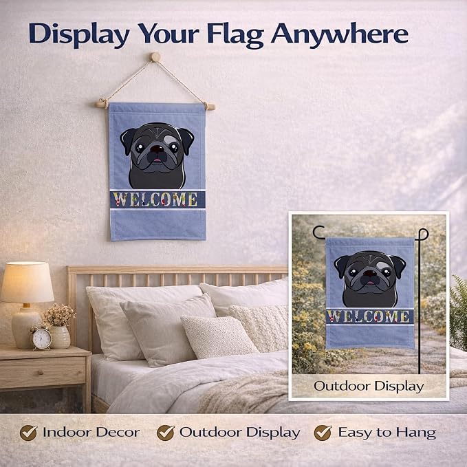 Caroline's Treasures BB1449GF Black Pug Welcome Garden Flag, Blue Mailbox Flag Decorative Yard Flag Banner Outside Patio Artwork Yard Flower Beds, Garden Size, Multicolor