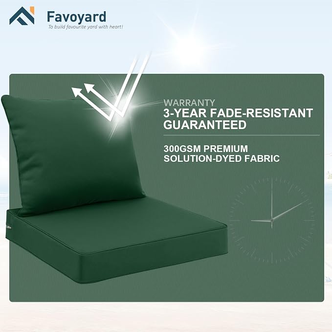 Favoyard Outdoor Patio Seat Cushion Set, 19x19 Inch, Water & Fade Resistant | Removable Cover Patio Furniture Cushion, Deep Seat & Back Cushion, Tie Straps Pads for Chair, Sofa, Couch, Dark Green
