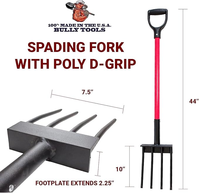 Bully Tools Spading Fork with D-Grip, Heavy Duty Garden Fork for Digging, Aerating and Harvesting Root Crops, 44" Fiberglass Handle, Ideal for Garden Beds and Pavers Base Prep, 100% Made in USA