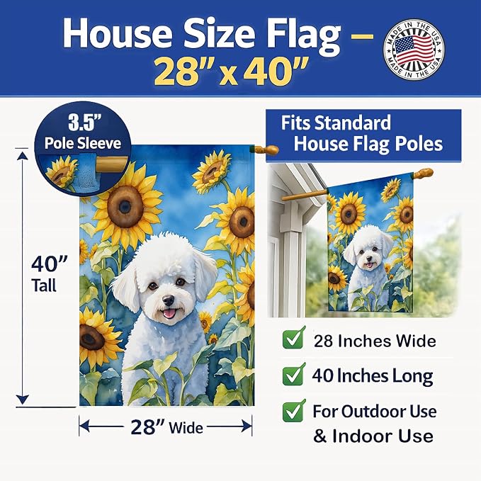 Caroline's Treasures DAC6027CHF Bichon Frise in Sunflowers House Flag Large Porch Sleeve Pole Decorative Outside Yard Banner Artwork Wall Hanging, Polyester, House Size, Multicolor