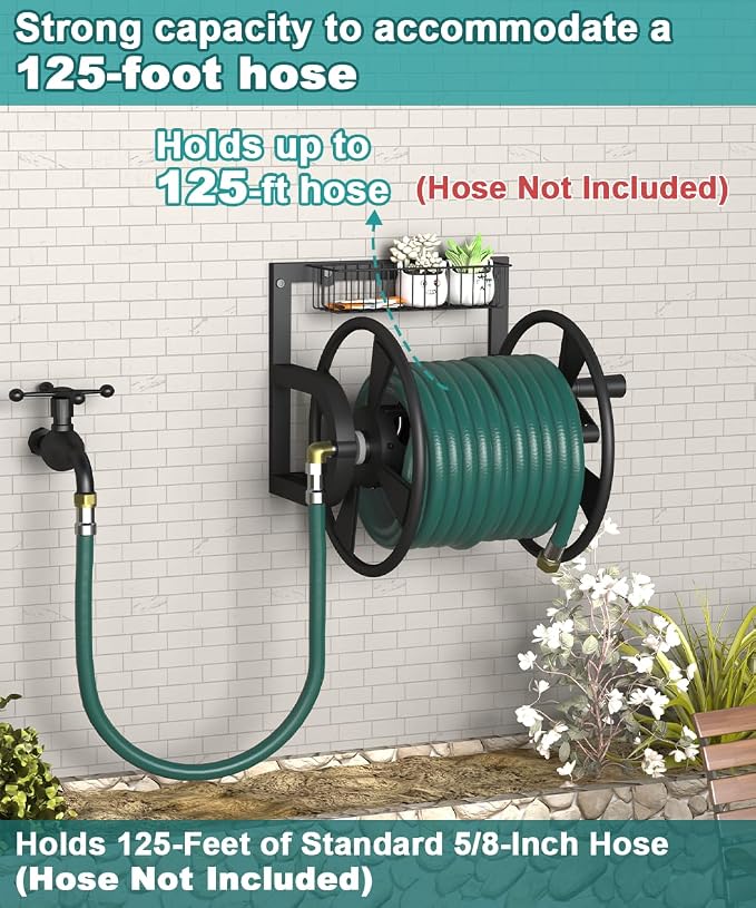 Artigarden Garden Wall Mounted Hose Reel, Outdoor Heavy-Duty Water Hose Holder Winder, Holds 125 Feet of 5/8-Inch Hose, with 3.9 ft Leader Hose, Water Fitting and Storage Basket for Yard, Black