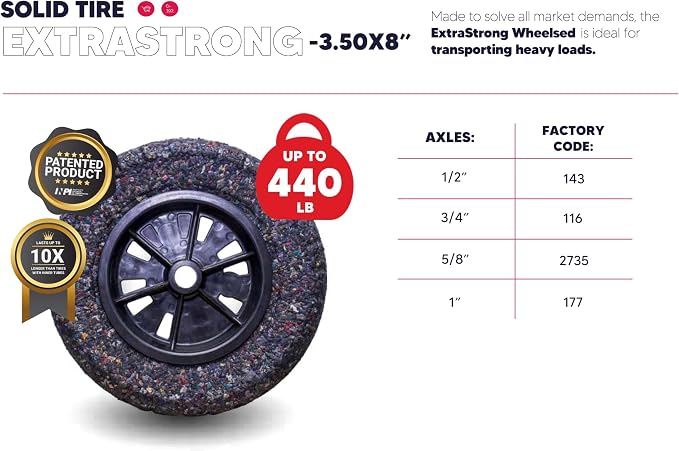 Flat-Free Wheelbarrow Tire 14" | 100% Recycled Rubber | 440 lb Capacity | Universal Axle (1", 3/4", 5/8", and 1/2") with 2 spacers | Durable, Puncture-Proof | For Garden wagon, Dolly, Utility cart